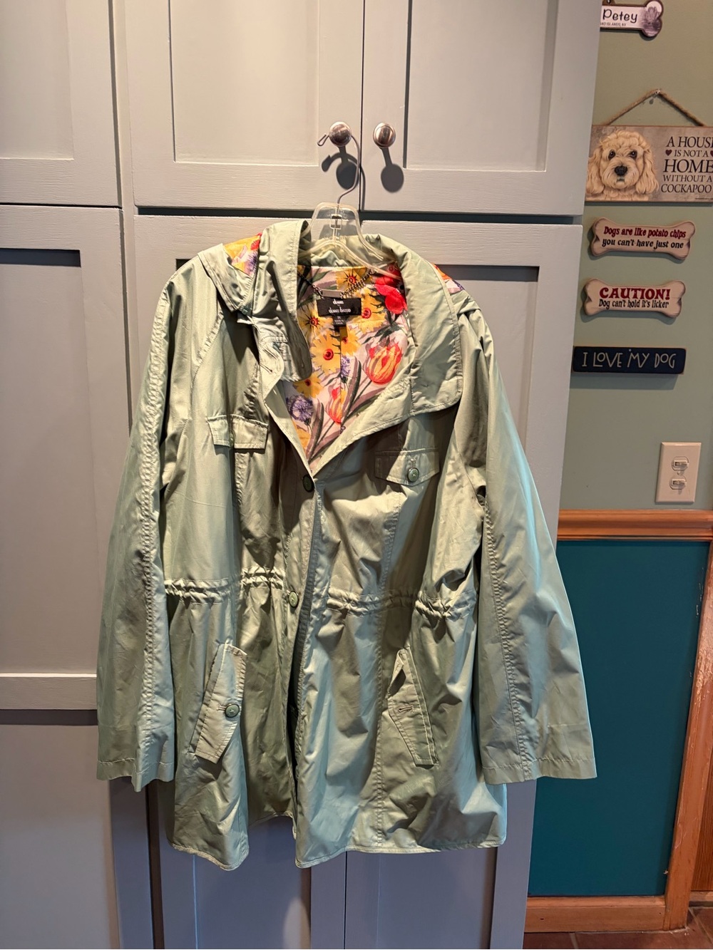 dennis basso Light Sage Utility Jacket with Floral Lining